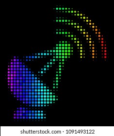 Dot bright halftone radio transmitter icon drawn with rainbow color hues with horizontal gradient on a black background.