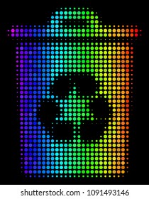 Dot bright halftone recycle bin icon using spectrum color shades with horizontal gradient on a black background. Color vector mosaic of recycle bin illustration created with spheric points.