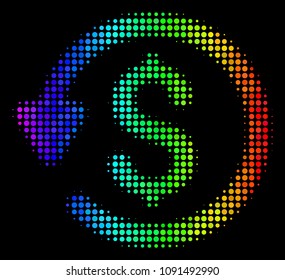 Dot bright halftone refund icon using spectral color variations with horizontal gradient on a black background. Multicolored vector concept of refund symbol composed from spheric points.