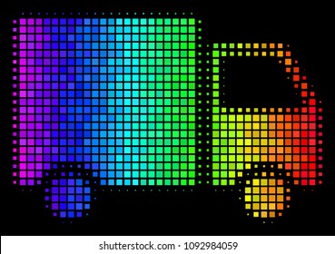 Dot bright halftone shipment van icon in rainbow color variations with horizontal gradient on a black background. Color vector concept of shipment van pictogram created with rectangular dots.