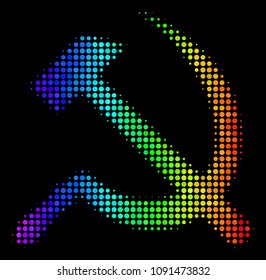 Dot bright halftone sickle and hammer icon using spectrum color shades with horizontal gradient on a black background.