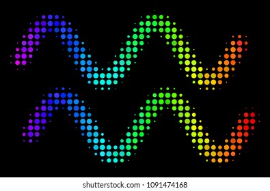Dot bright halftone sinusoid waves icon in spectral color tones with horizontal gradient on a black background. Colored vector concept of sinusoid waves symbol constructed of round particles.