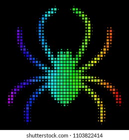 Dot bright halftone spider icon drawn with spectral color variations with horizontal gradient on a black background. Color vector pattern of spider pictogram shaped with rectangular elements.