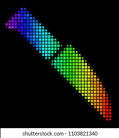 Dot bright halftone surgery knife icon in spectrum color tints with horizontal gradient on a black background. Bright vector collage of surgery knife pictogram composed with square items.