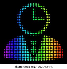 Dot bright halftone time manager icon using rainbow color tinges with horizontal gradient on a black background. Multicolored vector concept of time manager illustration created from circle elements.