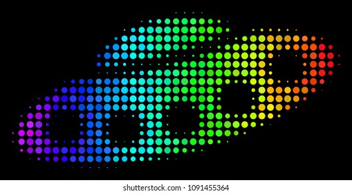 Dot bright halftone UFO icon drawn with rainbow color tints with horizontal gradient on a black background. Colored vector concept of UFO symbol combined with circle particles.