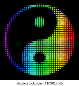 Dot bright halftone yin yang icon drawn with spectral color tints with horizontal gradient on a black background. Multicolored vector mosaic of yin yang symbol done of rectangle cells.