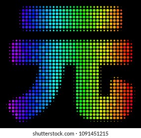 Dot bright halftone Yuan Renminbi icon using spectral color tinges with horizontal gradient on a black background. Multicolored vector collage of Yuan Renminbi pictogram done with round particles.