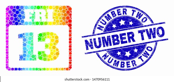 Dot bright spectral 13th Friday calendar page mosaic icon and Number Two seal stamp. Blue vector rounded grunge seal stamp with Number Two caption. Vector combination in flat style.