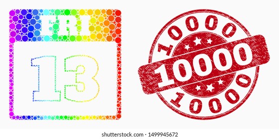 Dot bright spectral 13th Friday calendar page mosaic icon and 10000 seal stamp. Red vector round grunge seal with 10000 phrase. Vector composition in flat style.