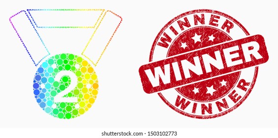 Dot bright spectral 2nd place medal mosaic icon and Winner stamp. Red vector rounded distress seal stamp with Winner message. Vector combination in flat style.