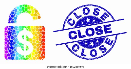 Dot bright spectral bank lock mosaic pictogram and Close stamp. Blue vector round grunge seal with Close text. Vector composition in flat style. Colored gradiented bank lock mosaic of scattered dots,