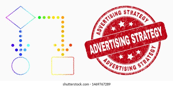 Dot bright spectral block diagram mosaic icon and "Advertising Strategy" seal stamp. Red vector rounded textured seal with "Advertising Strategy" text. Vector composition in flat style.