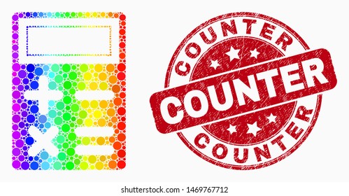 Dot bright spectral calculator mosaic icon and "Counter" stamp. Red vector round textured stamp with "Counter" phrase. Vector composition in flat style.