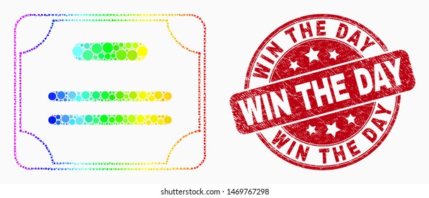 Dot bright spectral certificate diploma mosaic icon and "Win the Day" stamp. Red vector rounded grunge seal with "Win the Day" message. Vector collage in flat style.