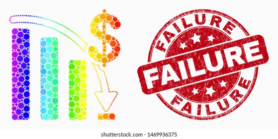 Dot bright spectral crisis bar chart mosaic pictogram and Failure watermark. Red vector round distress watermark with Failure caption. Vector composition in flat style.