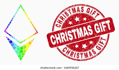 Dot bright spectral crystal mosaic pictogram and Christmas Gift seal stamp. Red vector rounded textured seal stamp with Christmas Gift caption. Vector collage in flat style.
