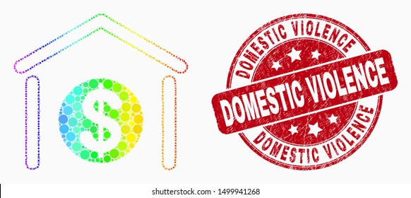 Dot bright spectral dollar garage bank mosaic pictogram and Domestic Violence seal stamp. Red vector rounded distress seal stamp with Domestic Violence phrase. Vector collage in flat style.