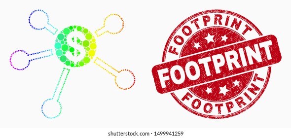 Dot bright spectral dollar links mosaic icon and Footprint seal stamp. Red vector round scratched seal with Footprint phrase. Vector composition in flat style.