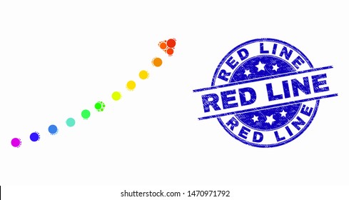 Dot bright spectral dotted up trend arrow mosaic icon and Red Line seal stamp. Blue vector rounded scratched seal stamp with Red Line text. Vector composition in flat style.