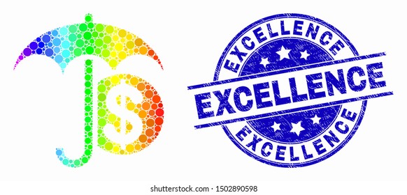 Dot bright spectral financial umbrella mosaic icon and Excellence stamp. Blue vector round scratched stamp with Excellence text. Vector combination in flat style.