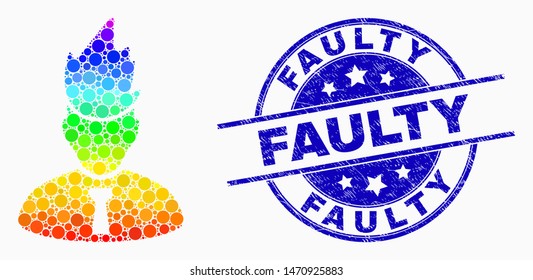 Dot bright spectral flamed manager mosaic pictogram and Faulty seal stamp. Blue vector round textured seal stamp with Faulty phrase. Vector collage in flat style.