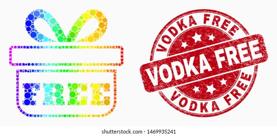 Dot bright spectral free gift mosaic pictogram and Vodka Free seal stamp. Red vector round textured stamp with Vodka Free phrase. Vector composition in flat style.