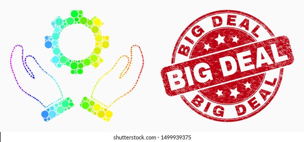 Dot bright spectral gear care hands mosaic icon and Big Deal seal. Red vector round grunge seal stamp with Big Deal message. Vector composition in flat style.
