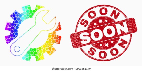 Dot bright spectral gear tools mosaic icon and Soon seal. Red vector round scratched seal stamp with Soon text. Vector composition in flat style.