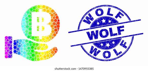 Dot bright spectral hand offer bitcoin mosaic icon and Wolf stamp. Blue vector rounded distress stamp with Wolf title. Vector collage in flat style.