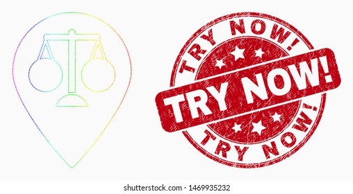 Dot bright spectral justice scale map marker mosaic pictogram and Try Now! seal. Red vector rounded grunge watermark with Try Now! caption. Vector collage in flat style.