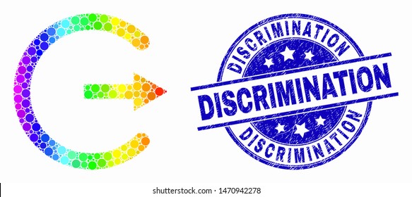 Dot bright spectral log out mosaic icon and Discrimination seal. Blue vector rounded textured seal stamp with Discrimination message. Vector combination in flat style.