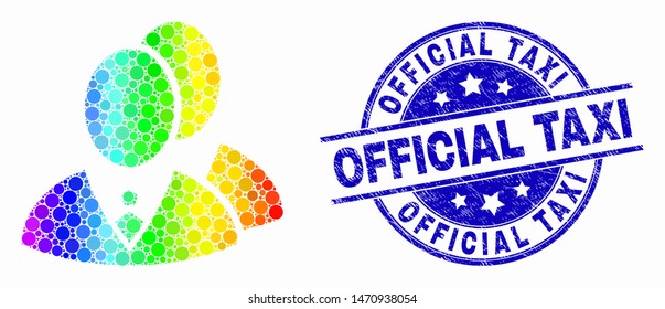 Dot bright spectral managers mosaic pictogram and Official Taxi seal stamp. Blue vector round distress watermark with Official Taxi text. Vector combination in flat style.