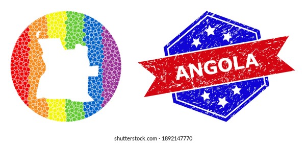 Dot bright spectral map of Angola mosaic designed with circle and hole, and textured seal stamp. LGBTQ spectrum colored pixels around empty map of Angola. Bicolor seal uses red and blue colors,