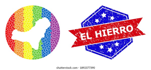 Dot bright spectral map of El Hierro Island mosaic designed with circle and subtracted shape, and textured stamp. LGBTQ spectrum colored pixels around empty map of El Hierro Island.