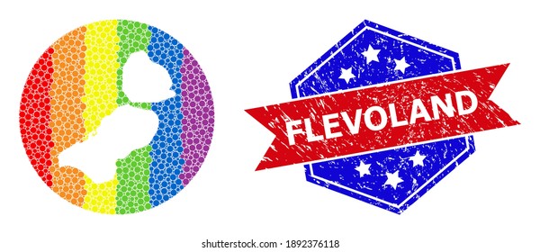 Dot bright spectral map of Flevoland Province collage created with circle and hole, and textured seal stamp. LGBT rainbow colored dots around empty map of Flevoland Province.