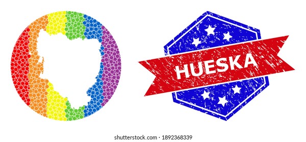 Dot bright spectral map of Hueska Province collage created with circle and stencil, and scratched seal stamp. LGBTQ spectrum colored dots around empty map of Hueska Province.