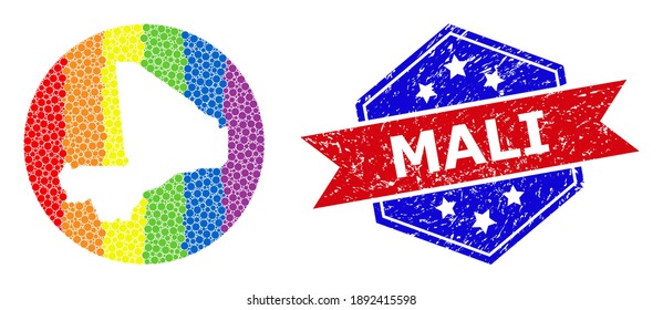 Dot bright spectral map of Mali collage designed with circle and subtracted shape, and textured seal stamp. LGBTQ spectrum colored pixels around empty map of Mali.