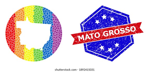 Dot bright spectral map of Mato Grosso State collage designed with circle and subtracted space, and grunge seal stamp. LGBT rainbow colored dots around empty map of Mato Grosso State.