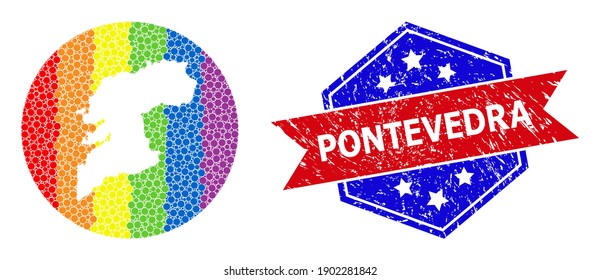 Dot bright spectral map of Pontevedra Province mosaic designed with circle and carved shape, and distress seal stamp. LGBT spectrum colored pixels around empty map of Pontevedra Province.