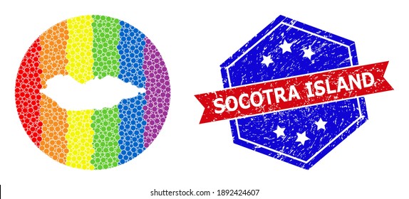 Dot bright spectral map of Socotra Island collage created with circle and hole, and distress watermark. LGBTQ spectrum colored pixels around empty map of Socotra Island.