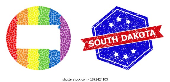 Dot bright spectral map of South Dakota State mosaic designed with circle and stencil, and scratched seal stamp. LGBT rainbow colored pixels around empty map of South Dakota State.