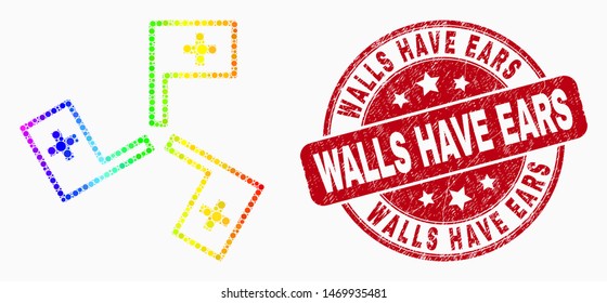 Dot bright spectral medical flags mosaic icon and Walls Have Ears seal stamp. Red vector round textured seal stamp with Walls Have Ears title. Vector combination in flat style.