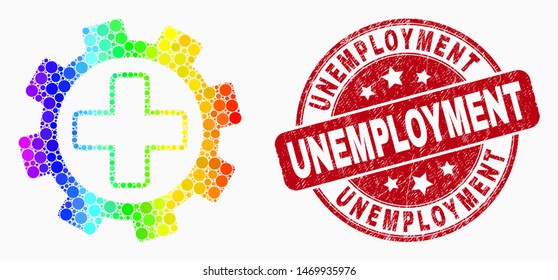 Dot bright spectral medical service gear mosaic pictogram and Unemployment watermark. Red vector rounded scratched seal stamp with Unemployment message. Vector collage in flat style.