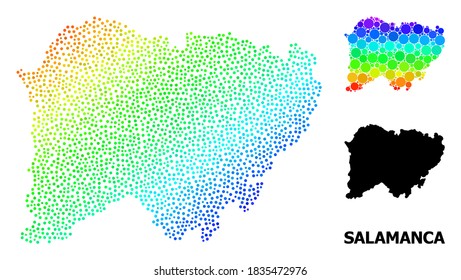 Dot bright spectral, and monochrome map of Salamanca Province, and black tag. Vector structure is created from map of Salamanca Province with circles. Collage for political templates.