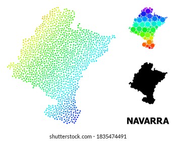 Dot espectral brillante, mapa monocromo de la provincia de Navarra, y texto negro. La estructura vectorial se crea a partir del mapa de la provincia de Navarra con círculos. La ilustración es útil para objetivos geográficos.