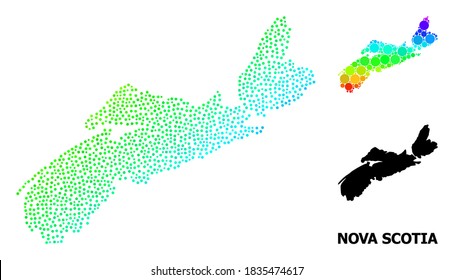 Dot bright spectral, and monochrome map of Nova Scotia Province, and black tag. Vector model is created from map of Nova Scotia Province with circles. Collage is useful for geographic ads.