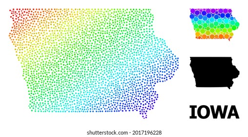 Dot bright spectral, and monochrome map of Iowa State, and black tag. Vector model is created from map of Iowa State with spheres. Illustration for political aims. Spectral gradient map of Iowa State,