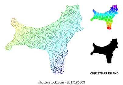 Dot espectral brillante, y mapa monocromo de la isla Navidad, y texto negro. El modelo vectorial se crea a partir del mapa de la isla navideña con puntos redondos. La ilustración es útil para los afiches geográficos.