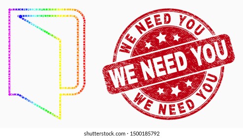 Dot bright spectral open folder mosaic icon and We Need You seal stamp. Red vector rounded grunge watermark with We Need You caption. Vector composition in flat style.
